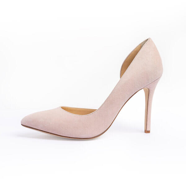 Pale blush suede shoe side on with cutaway inside detail