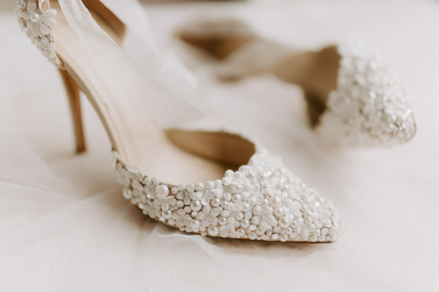 floral and pearl wedding shoes - 2 piece with organza ribbon ankle ties