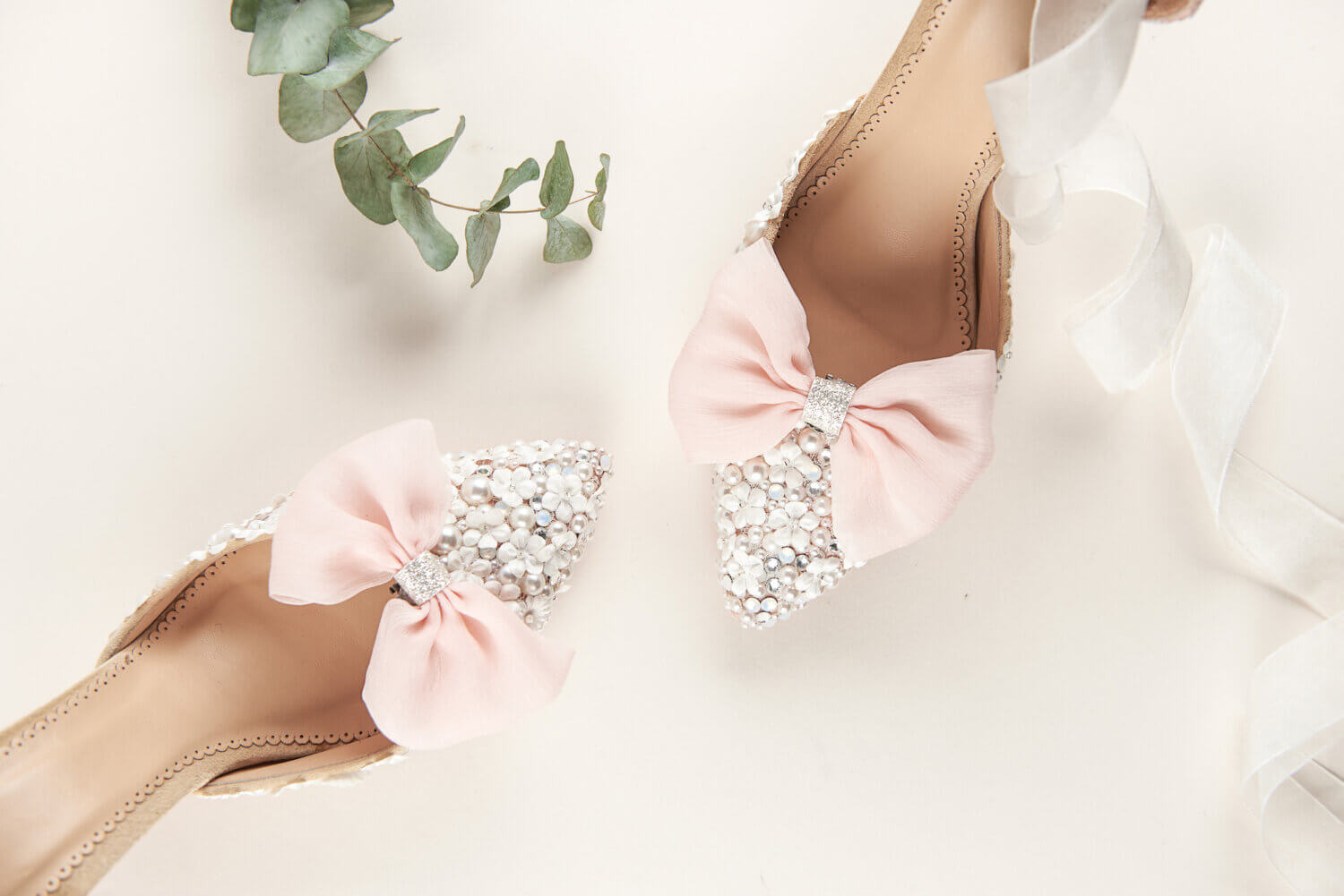 wedding shoe fronts with pearls, floral + blush pink bows