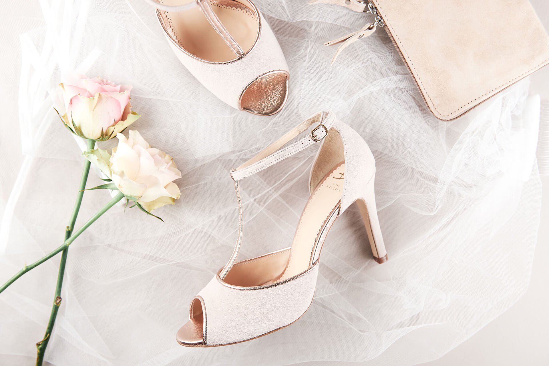 Di Hassall T-bar wedding shoes in nude suede with rose gold piping