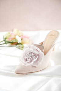 Blush Cassis suede mule with large blush rose detail on front