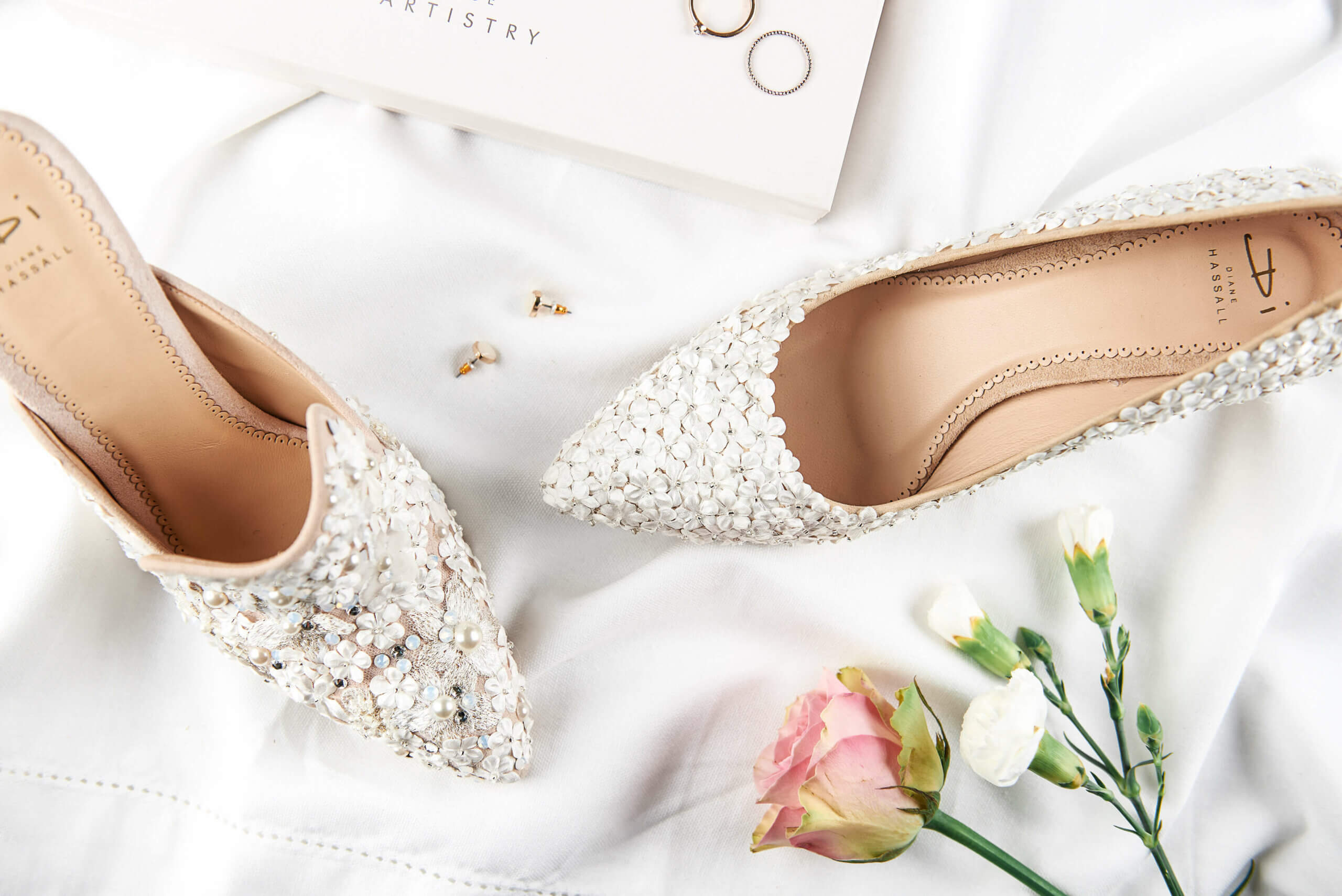 Di Hassall wedding shoes embellished with satin flowers and diamanté details