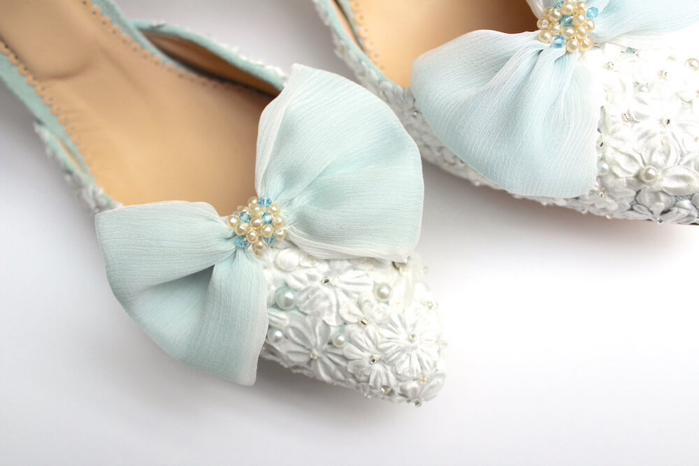 blue + ivory embellished shoe with chiffon bows 