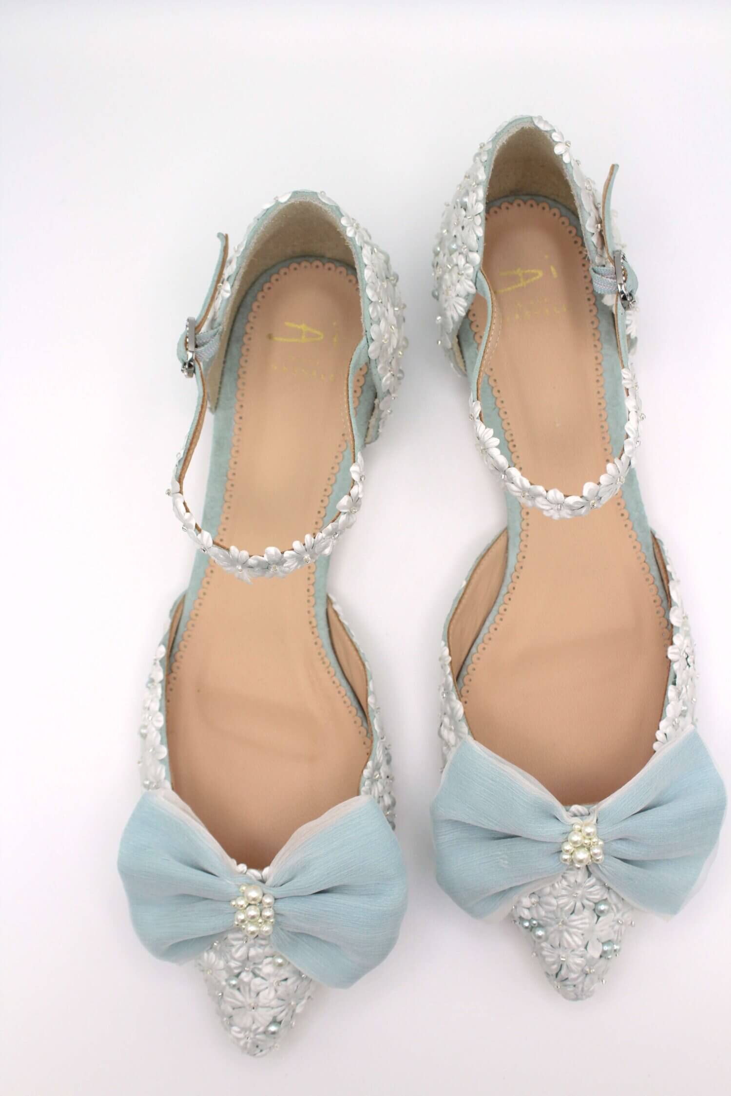 pale blue and ivory floral covered shoe for weddings and special occasions