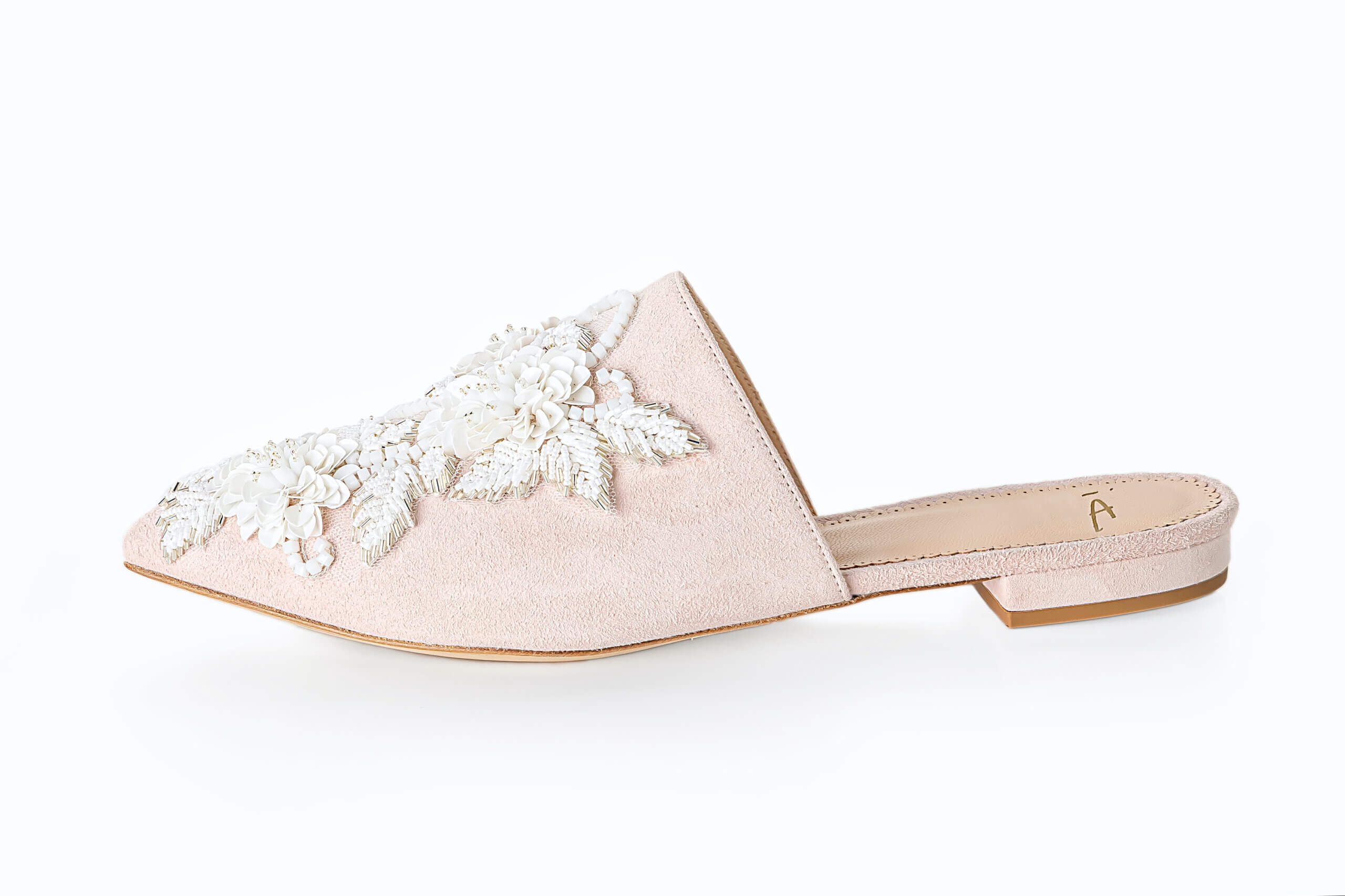 Autumn embellished bridal flat mules. Wedding shoes handmade by Di Hassall.