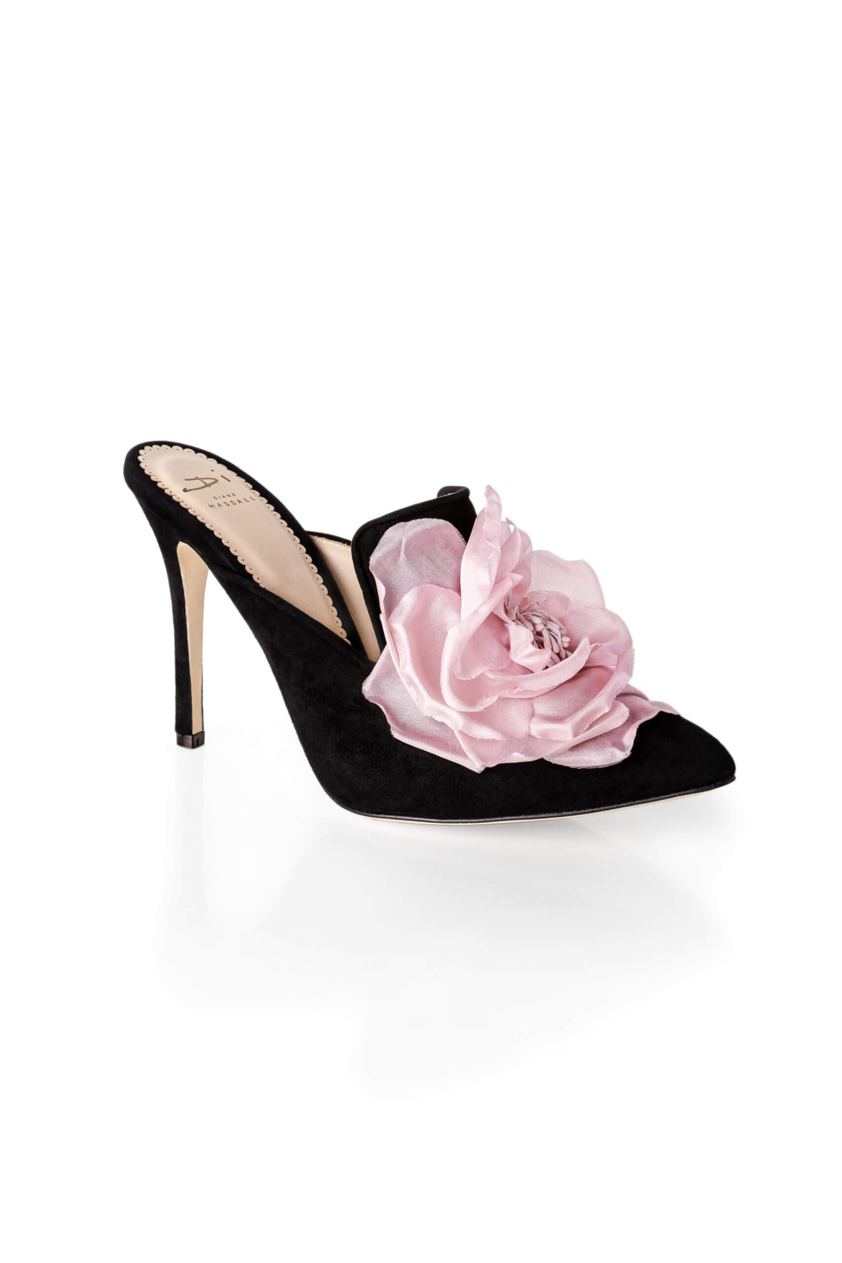 Cassis Rose Black floral bridal mules. Wedding shoes handmade by Di Hassall.