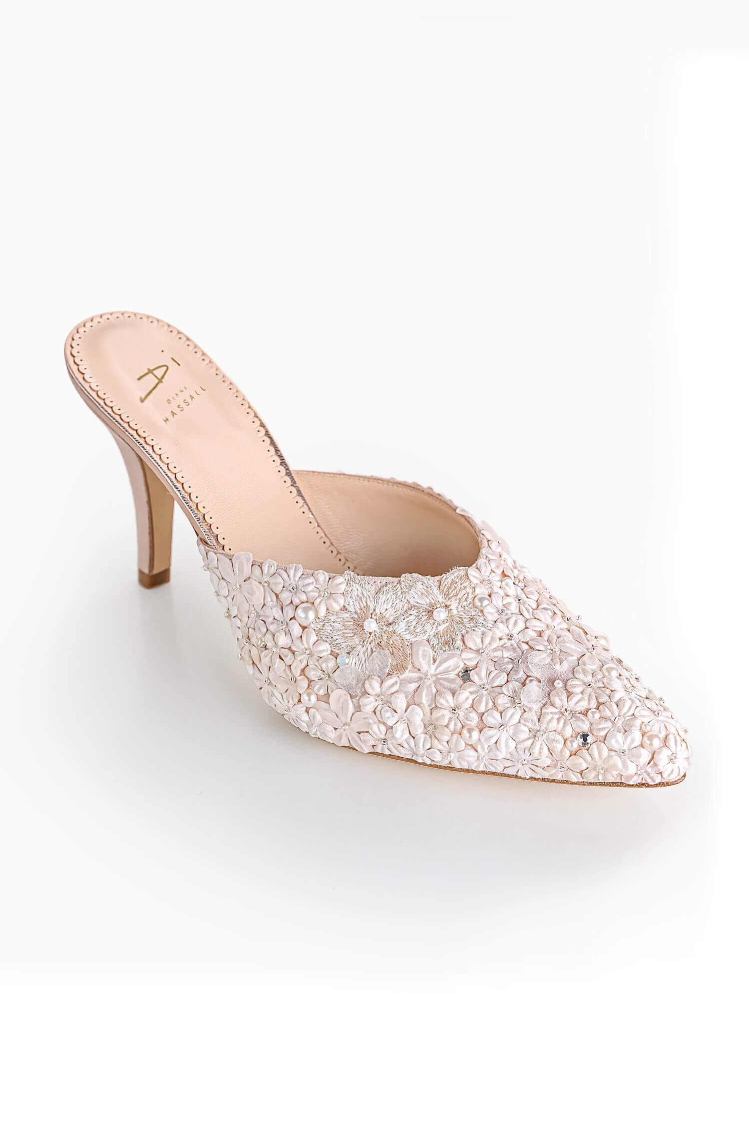 Strawberry Ice embellished bridal mules. Wedding shoes handmade by Di Hassall.