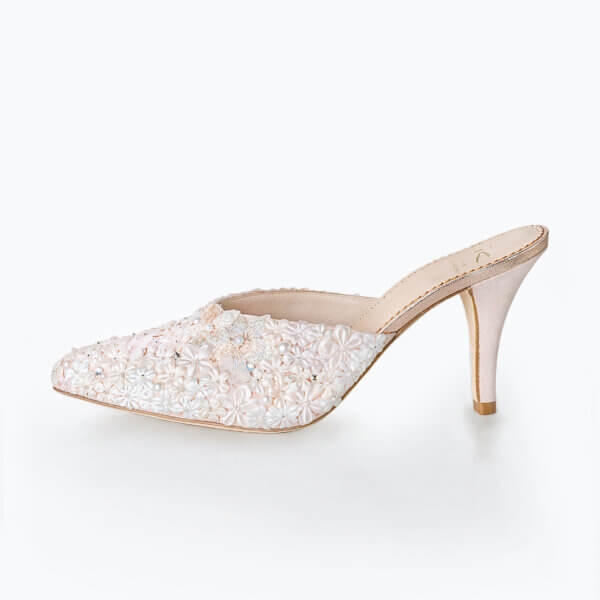 Strawberry Ice embellished bridal mules. Wedding shoes handmade by Di Hassall.