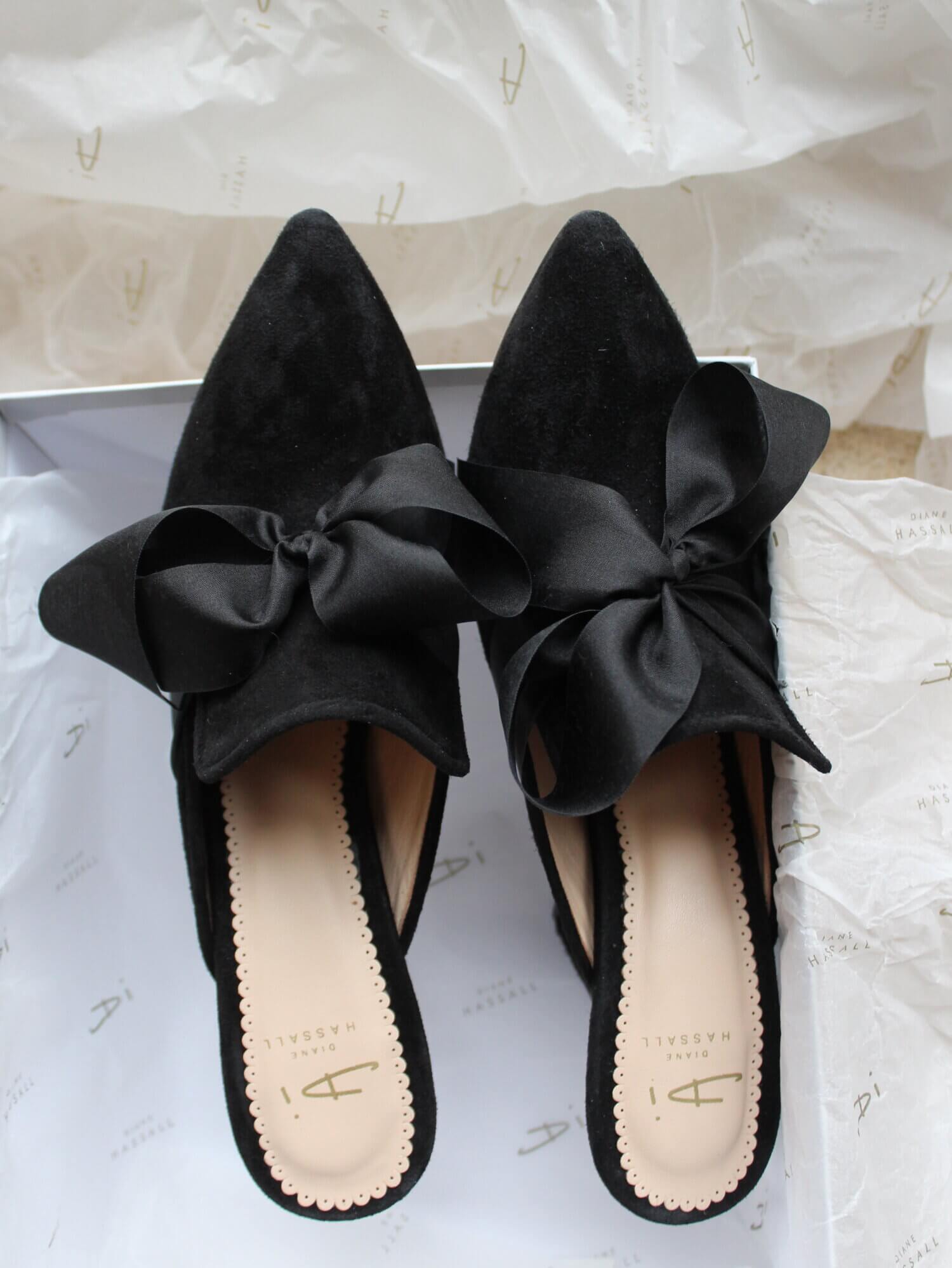 Cassis Black bridal mules. Wedding shoes handmade by Di Hassall.