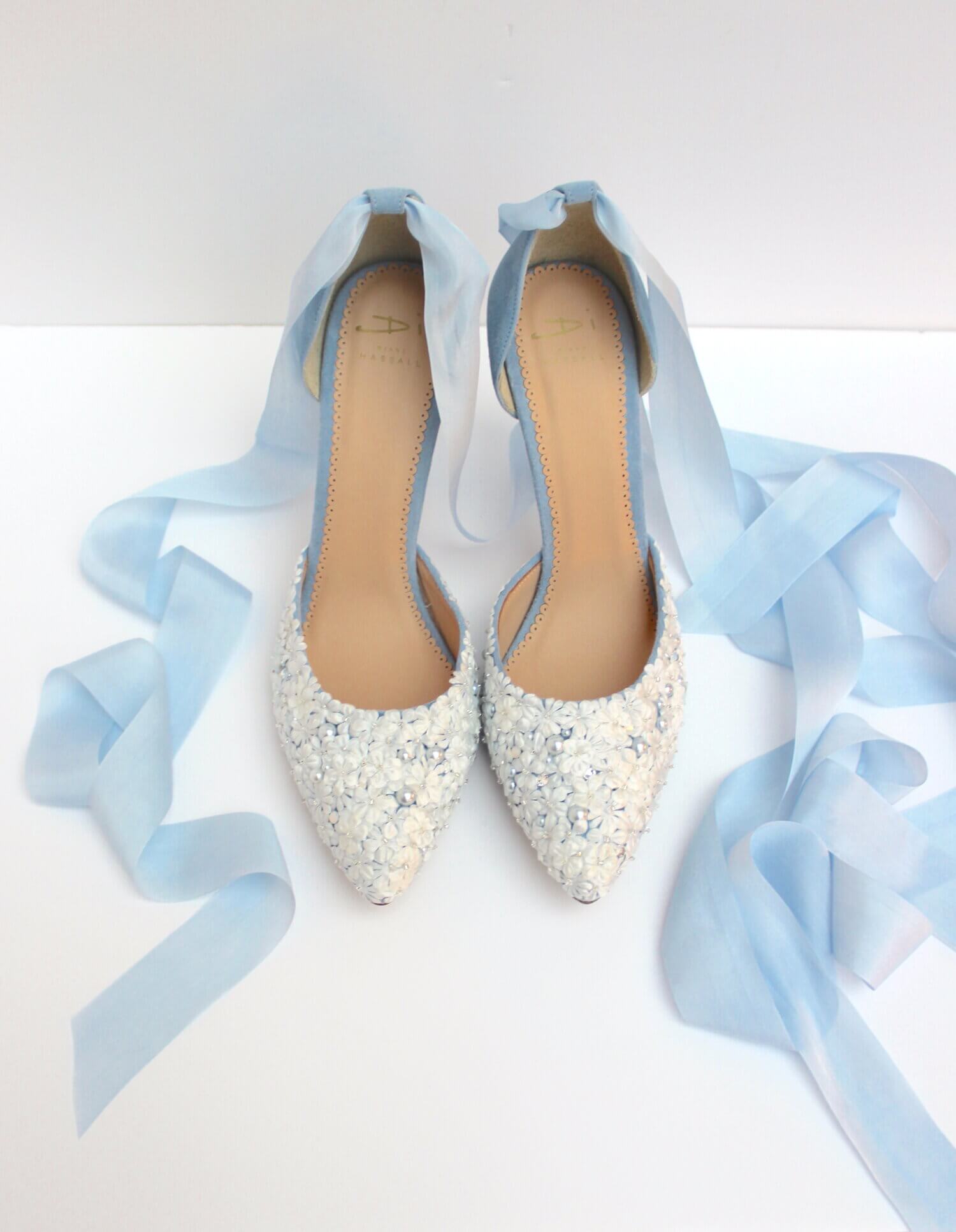 Miirella wedding shoes in blue suede with ivory floral detail and blue silk ribbon ties