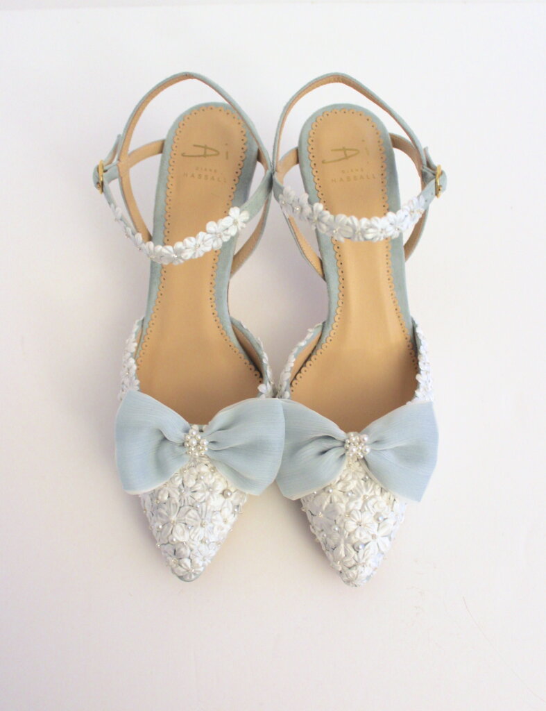blue shoes with ivory floral detail and pearls + blue bows