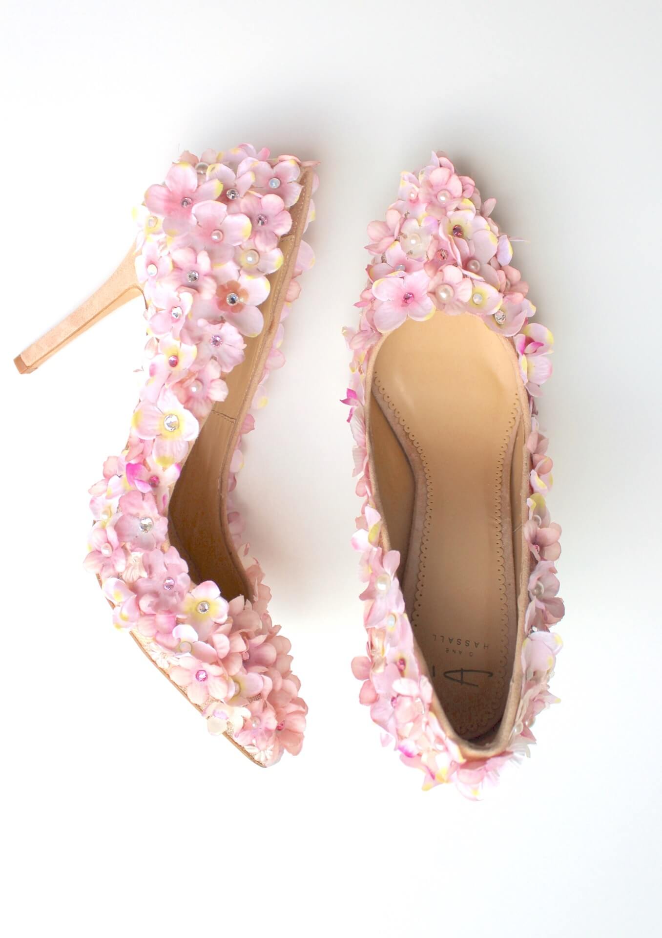 pink flowery shoes with high heels