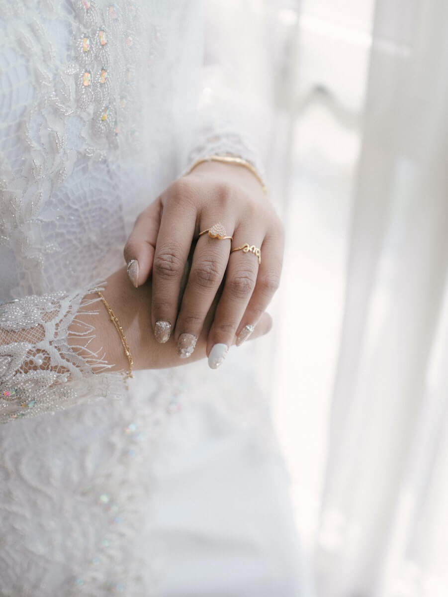 brides hands and wedding dress