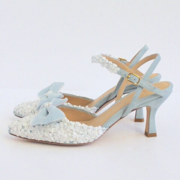 pale blue and ivory shoes with bow from side